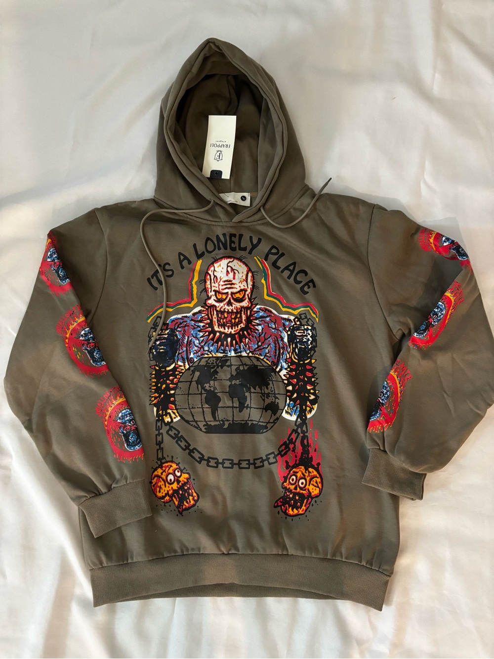 Rare- Frapp Olive Green Graphic Crewneck Hoodie with Multicolor Skull Print